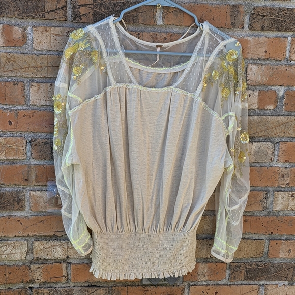 Free People Cream Blouse with Gold Embroidery - Picture 4 of 13